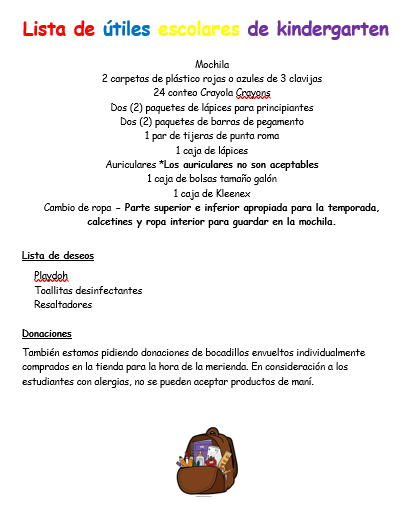 Supply list in Spanish
